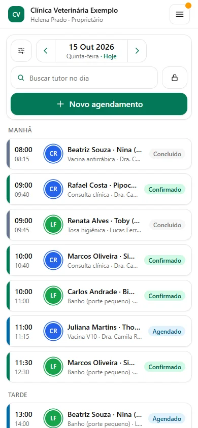 Agenda do dia da Lencs Agenda no celular, organizada por período, com dados de demonstração
