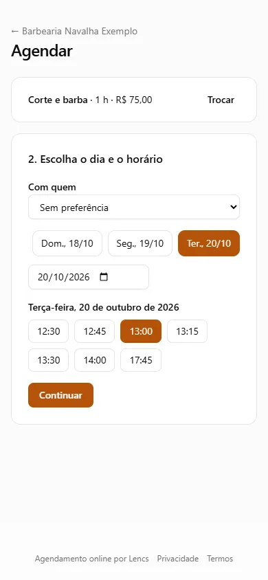 Página de agendamento de uma barbearia de demonstração, no celular