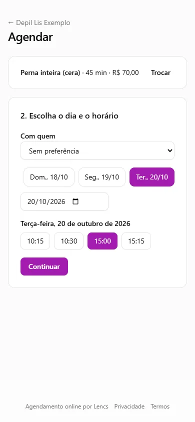 Página de agendamento de um espaço de depilação de demonstração, no celular