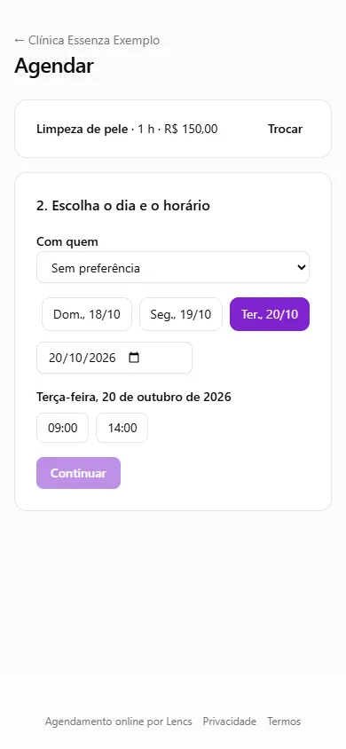 Página de agendamento de uma clínica de estética de demonstração, no celular