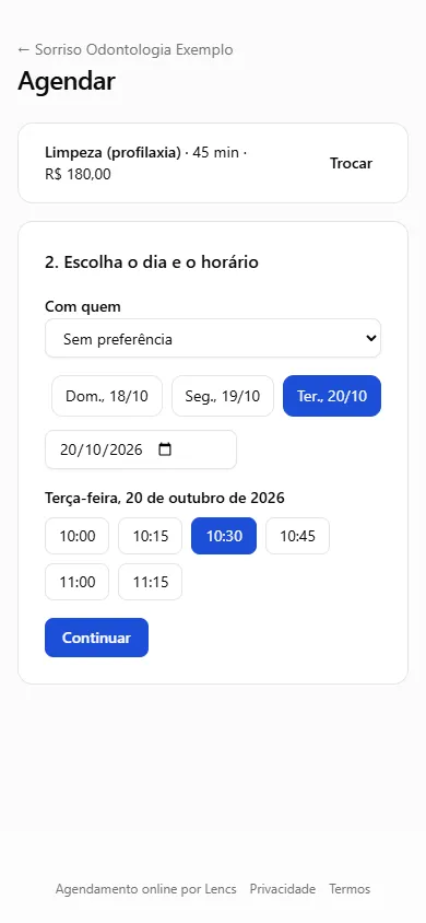Página de agendamento de um consultório odontológico de demonstração, no celular