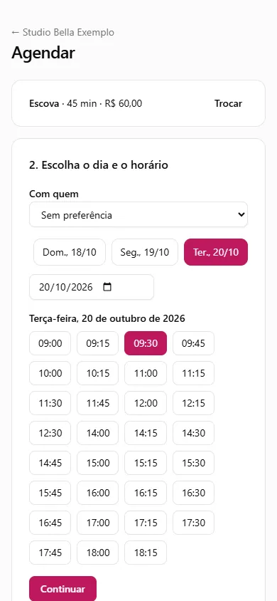 Página de agendamento de um salão de beleza de demonstração, no celular