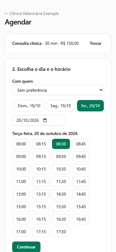 Página de agendamento de uma veterinária de demonstração, no celular